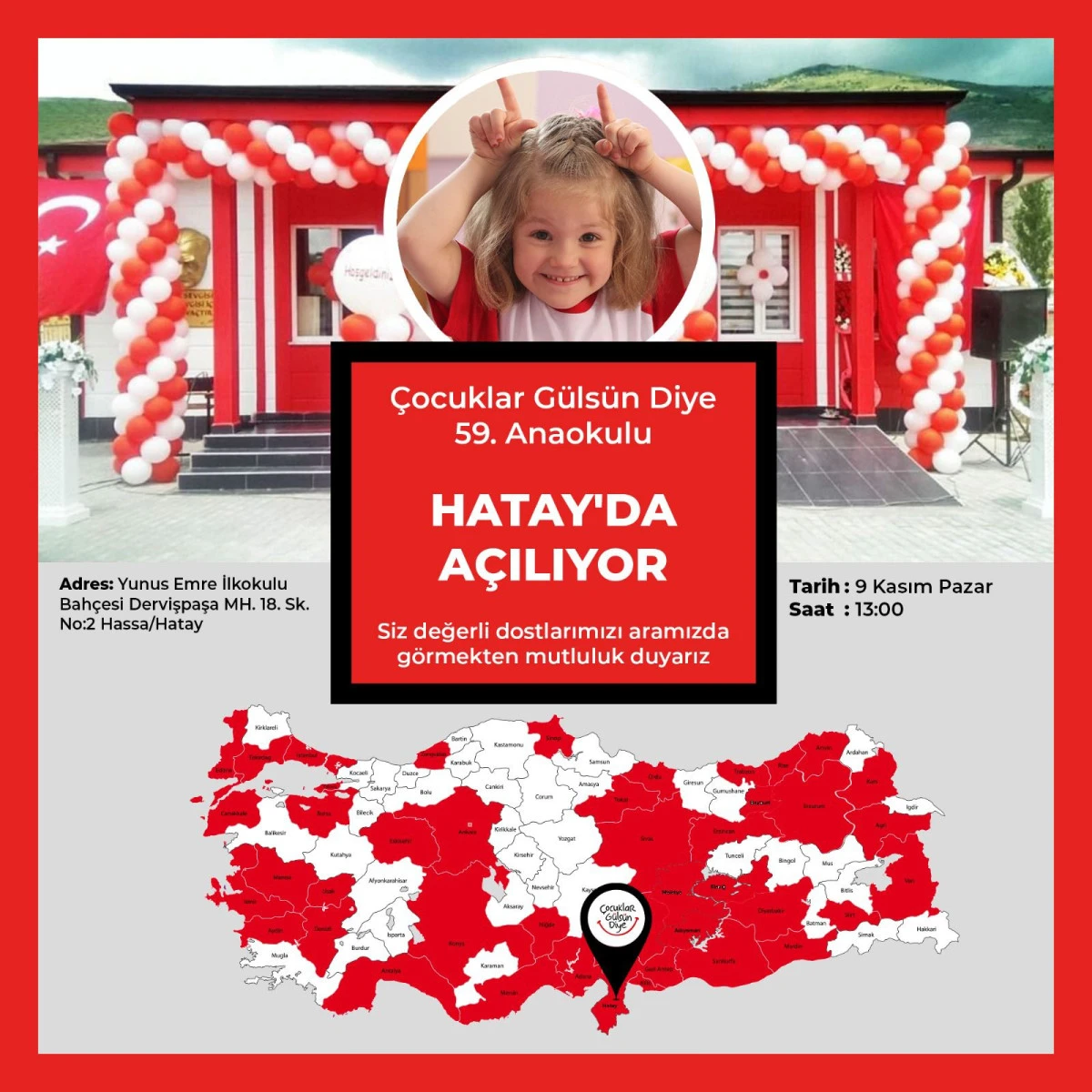 &ldquo;&Ccedil;ocuklar G&uuml;ls&uuml;n Diye&rdquo; Derneği&rsquo;nin 59. Anaokulu Hatay&rsquo;da A&ccedil;ılıyor